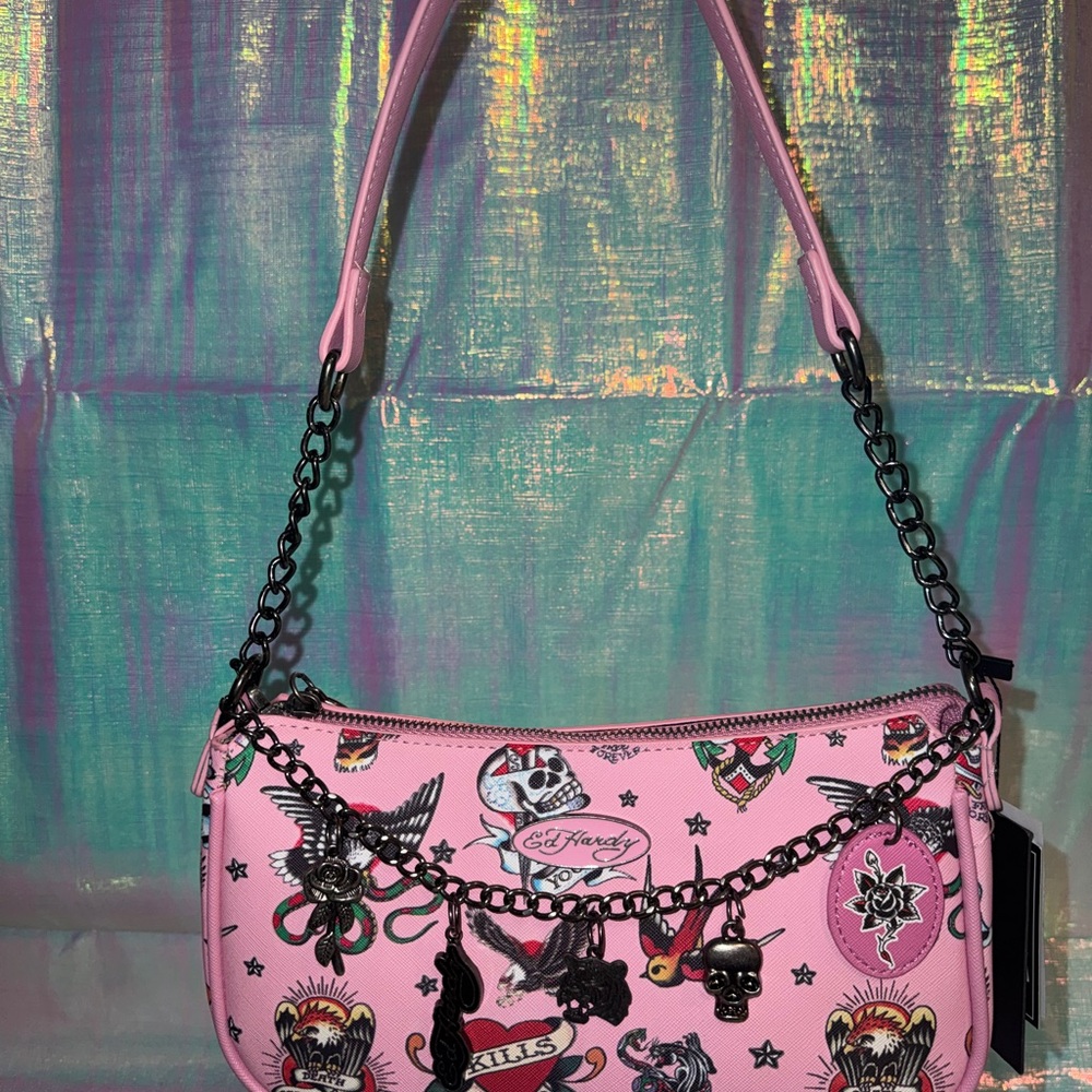 Ed Hardy Pink Tattoo-Print Chain-Accent Shoulder Bag